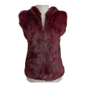 Wine Rabbit Fur Zippered Vest with Hood Size S
